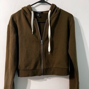 Forever21 Olive Cropped Zip Up Sweater